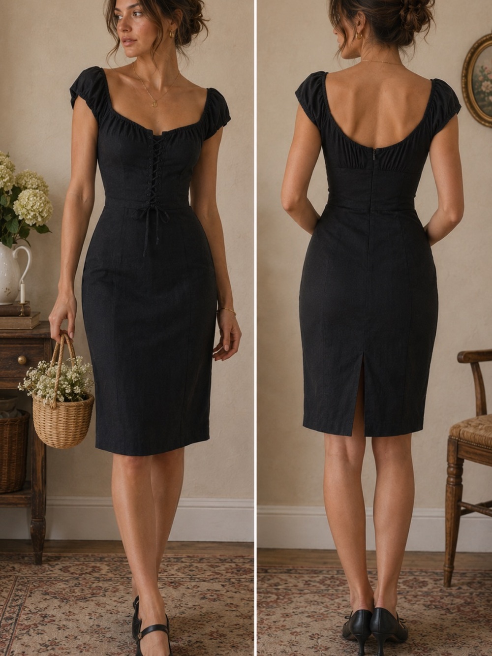 Rebecca Taylor Black Linen Blend Corset Midi Dress 6